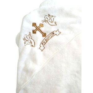 Unisex Baby Plush Hooded Bath Towel with Embroidery Cross  Baptism